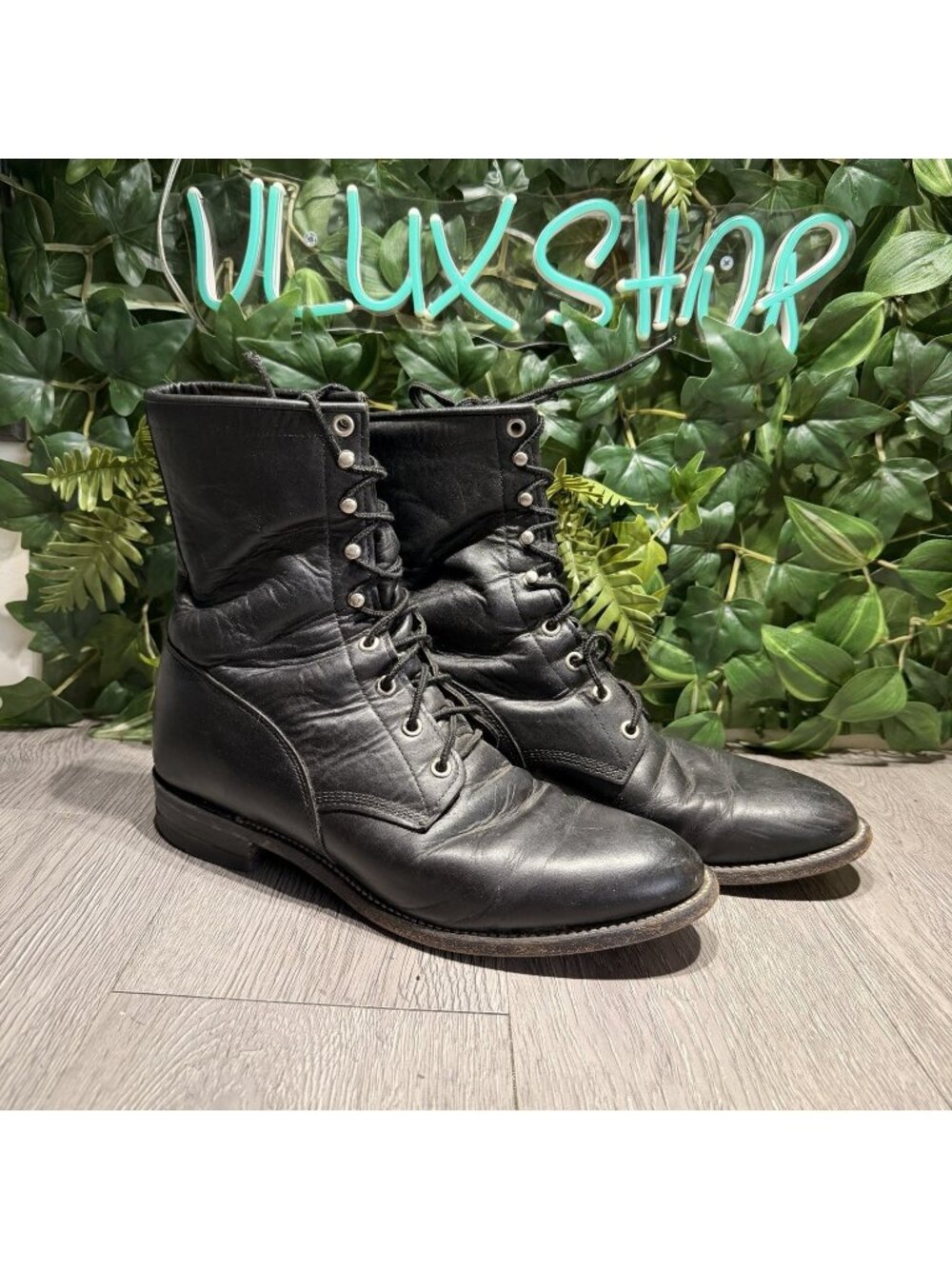 Vintage 90s Justin Roper Black Lace Up Kilte Cowgirl Western Boots 8.5 506